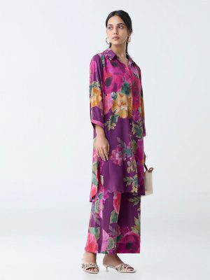 Utsa Purple Floral Pattern Straight Kurta