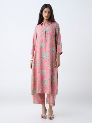 Utsa Dusty Pink Botanical Pattern A-Line Kurta