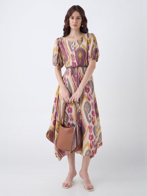 Utsa Multicolour Ikat Pattern Asymmetric Dress with Belt