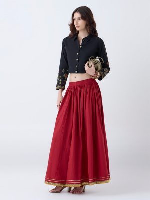 Utsa Black Embroidered Cotton-Blend Ethnic Shirt