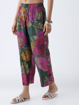 Utsa Dark Green Floral Printed Ethnic Pants