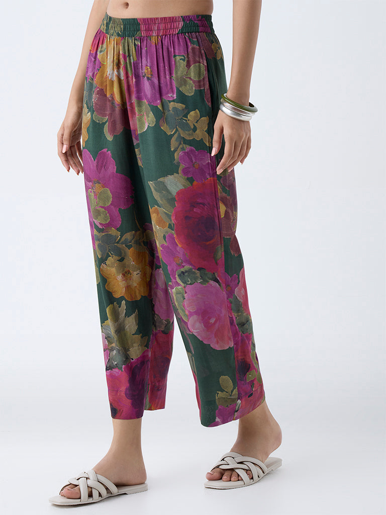 Utsa Dark Green Floral Printed Ethnic Pants