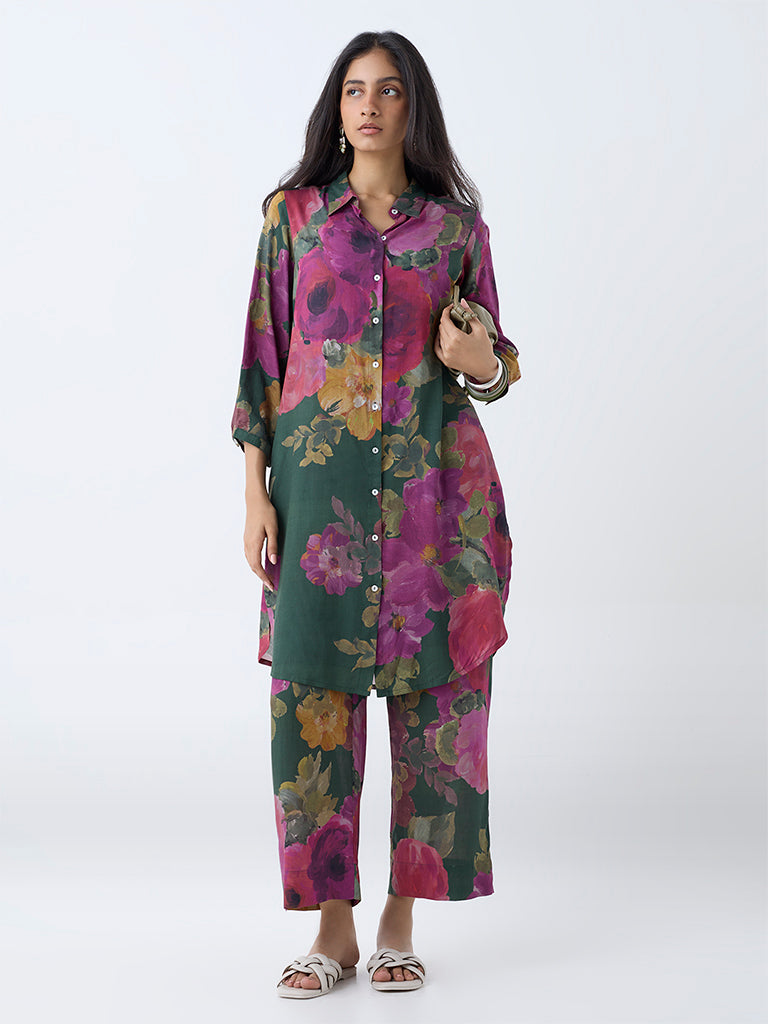 Utsa Dark Green Floral Printed Ethnic Pants - Image 2