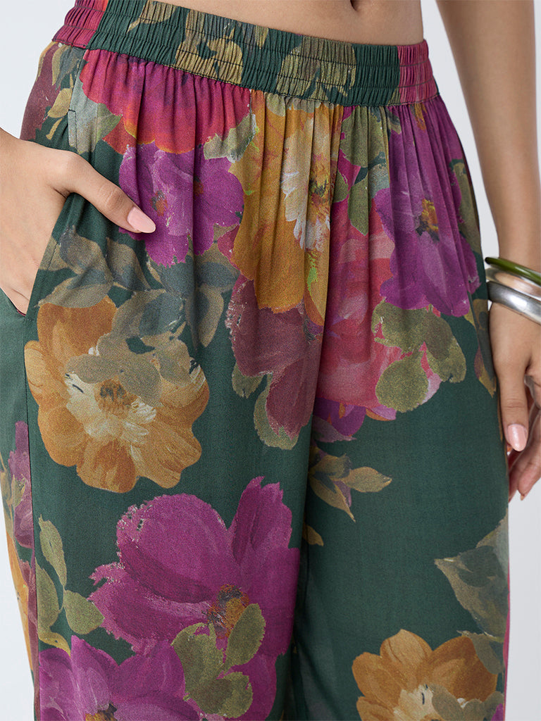 Utsa Dark Green Floral Printed Ethnic Pants - Image 3