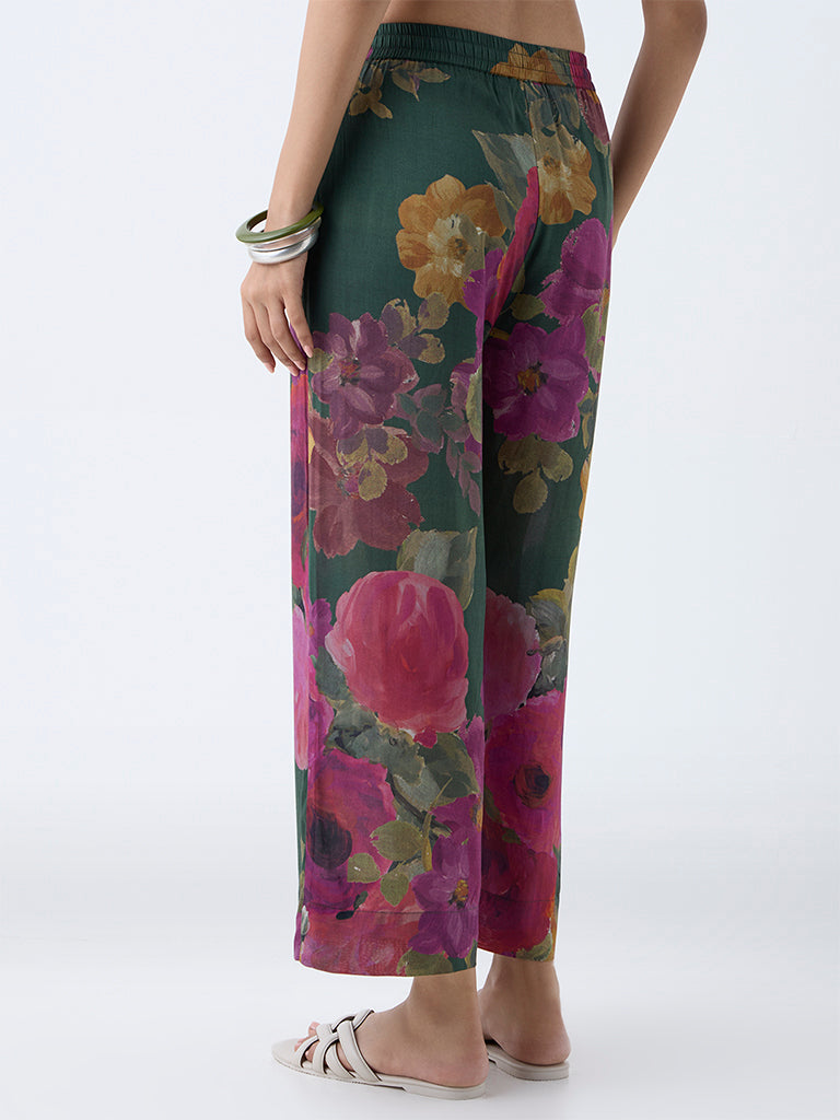 Utsa Dark Green Floral Printed Ethnic Pants - Image 4