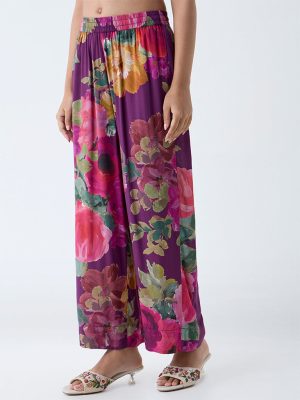 Utsa Purple Floral Pattern Ethnic Pants