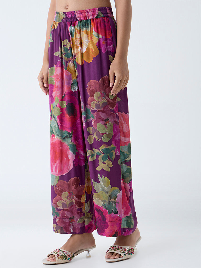 Utsa Purple Floral Pattern Ethnic Pants