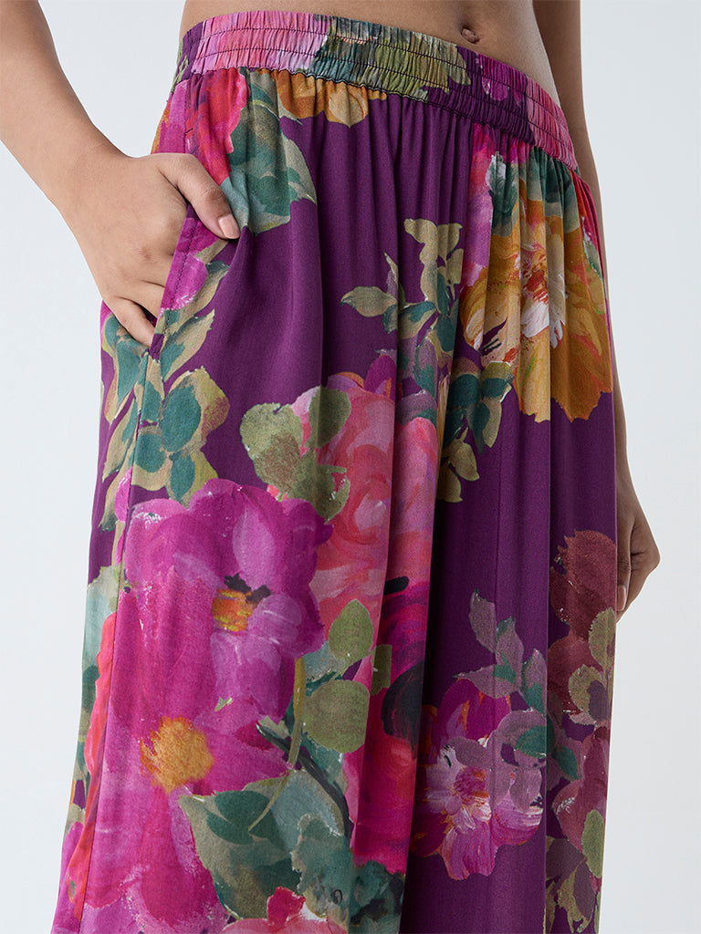 Utsa Purple Floral Pattern Ethnic Pants - Image 3