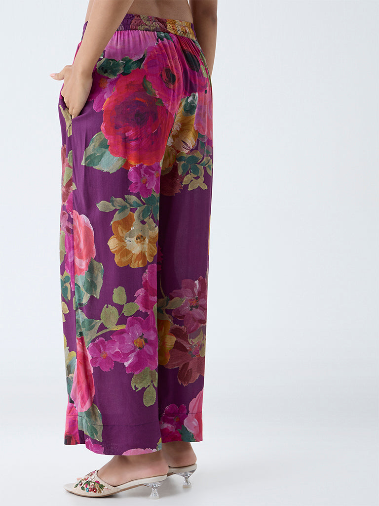 Utsa Purple Floral Pattern Ethnic Pants - Image 4