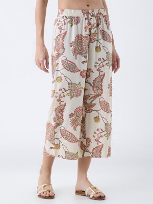 Utsa Beige Botanical Pattern Ethnic Pants
