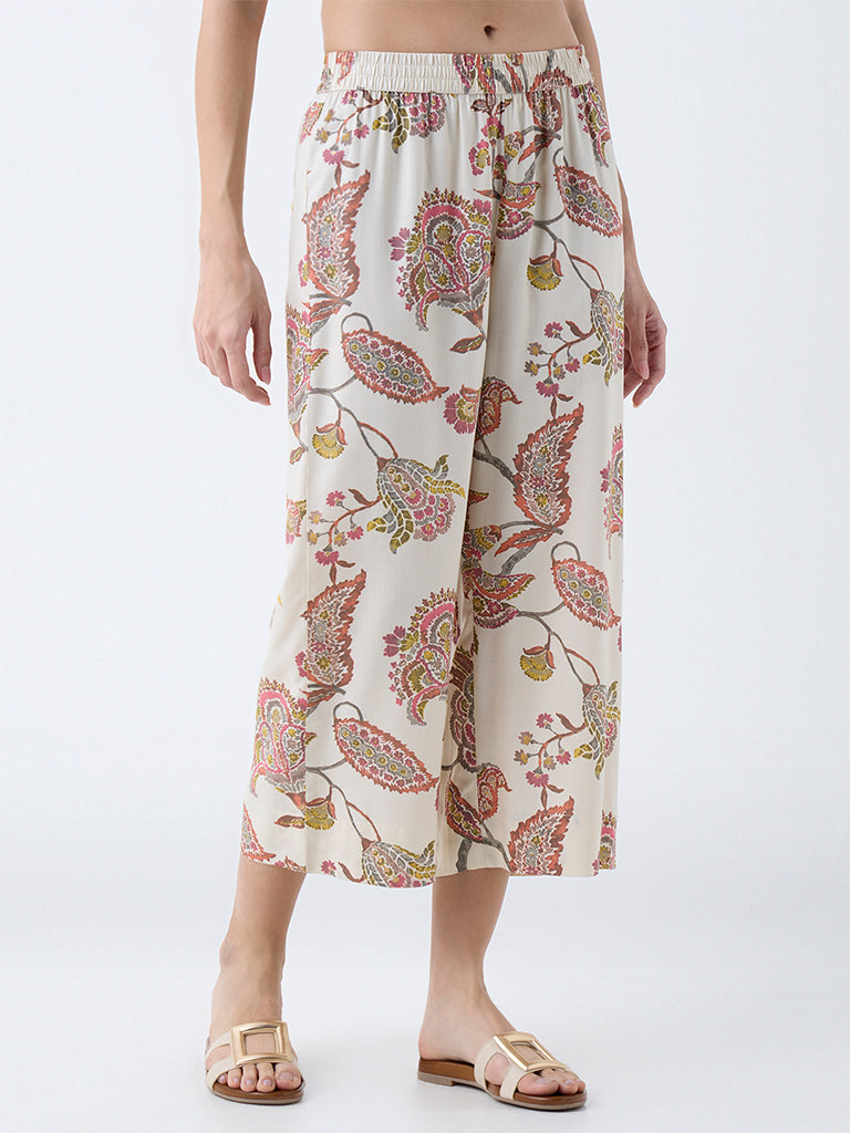 Utsa Beige Botanical Pattern Ethnic Pants