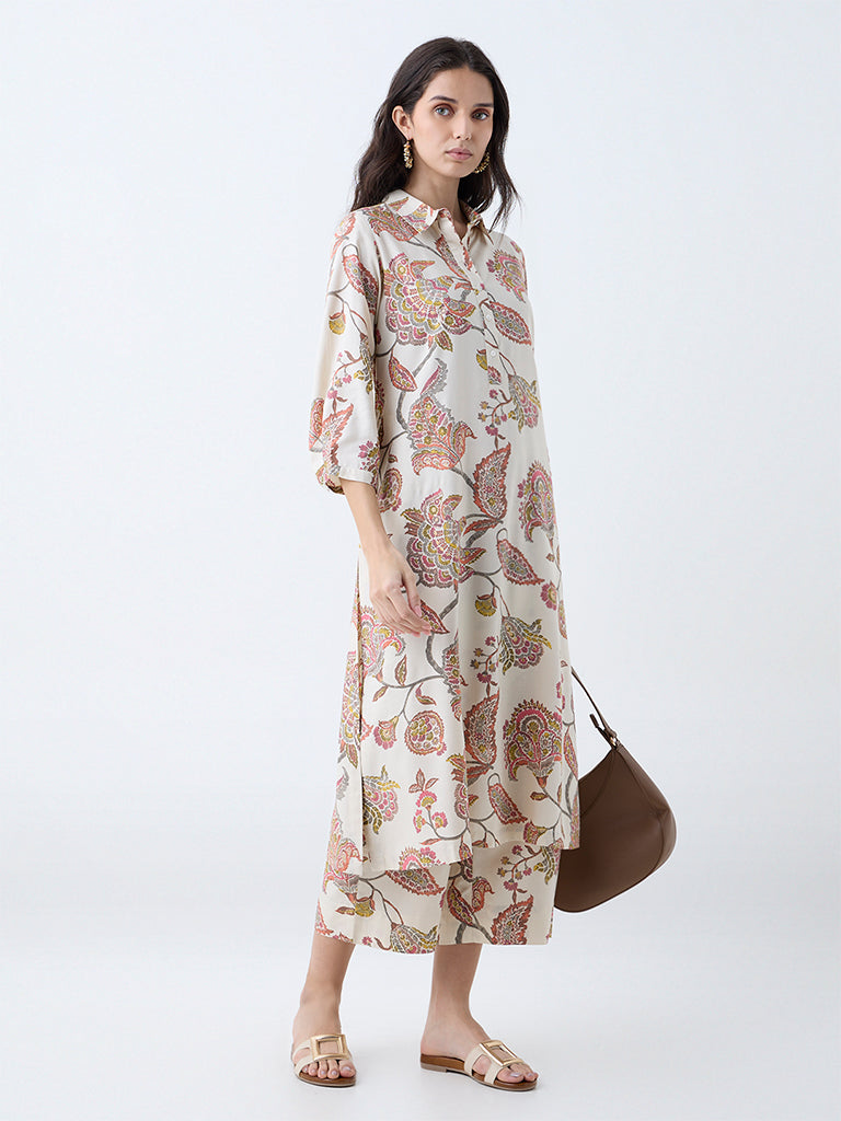 Utsa Beige Botanical Pattern Ethnic Pants - Image 2