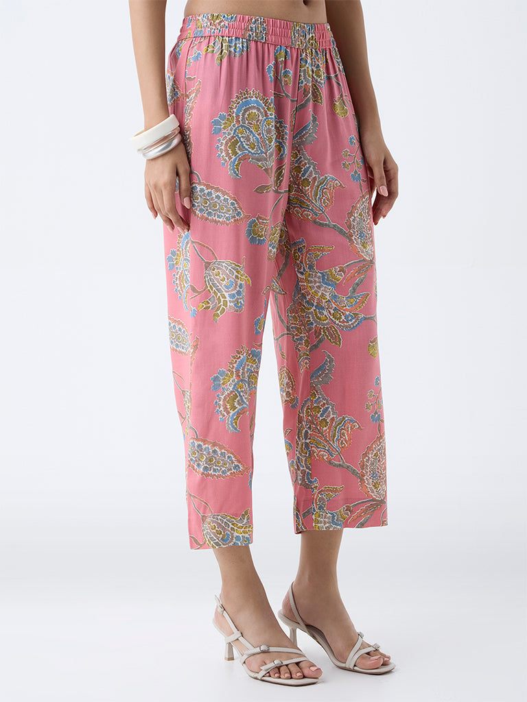 Utsa Dusty Pink Botanical Design Ethnic Pants