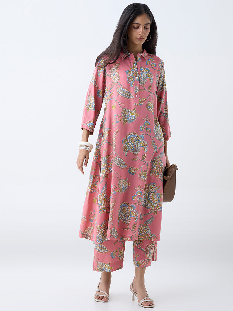 Utsa Dusty Pink Botanical Design Ethnic Pants - Image 2