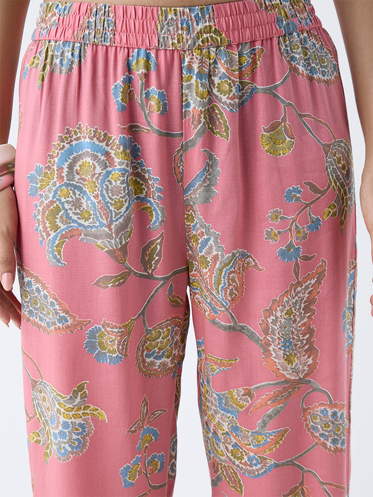 Utsa Dusty Pink Botanical Design Ethnic Pants - Image 3