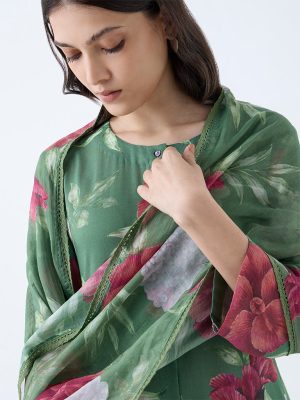 Zuba Dark Green Floral Cotton-Blend Dupatta