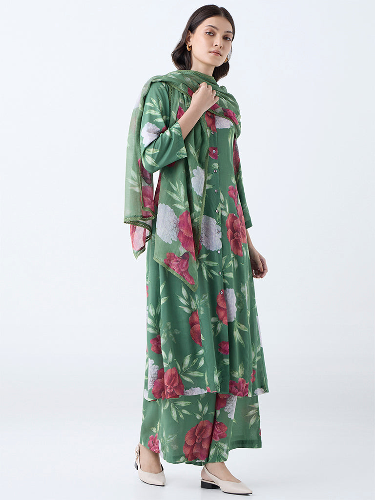 Zuba Dark Green Floral Cotton-Blend Dupatta - Image 2