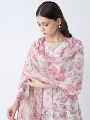 Zuba Pink Floral Pattern Cotton-Blend Dupatta