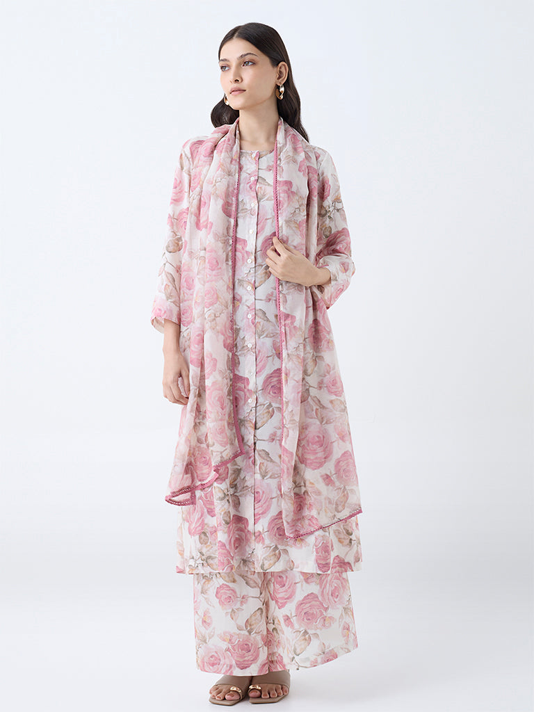 Zuba Pink Floral Pattern Cotton-Blend Dupatta - Image 2