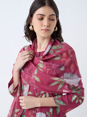 Zuba Red Floral Printed Dupatta