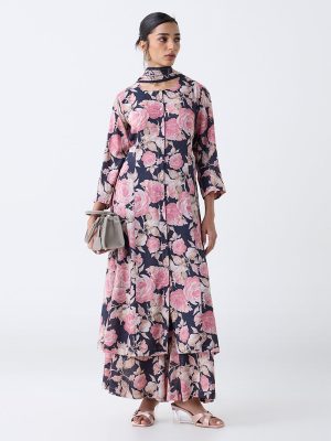 Zuba Black Floral Pattern A-Line Kurta