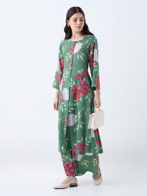 Zuba Dark Green Floral Printed A-Line Kurta