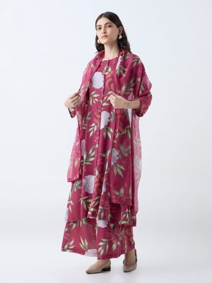 Zuba Red Floral Printed A-Line Kurta