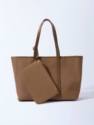 Westside Tan Panel-Detailed Tote Bag with Laptop Sleeves and Pouch