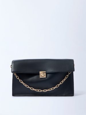 Westside Black Solid Sling Bag with Chain Handle