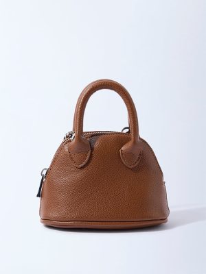 Westside Brown Textured Chain-Detailed Mini Sling Bag