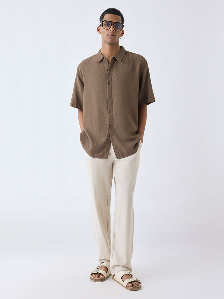 ETA Brown Solid Relaxed-Fit Cotton-Blend Shirt - Image 3