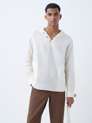 ETA Off-White Solid Relaxed-Fit Cotton-Blend Hooded Shirt