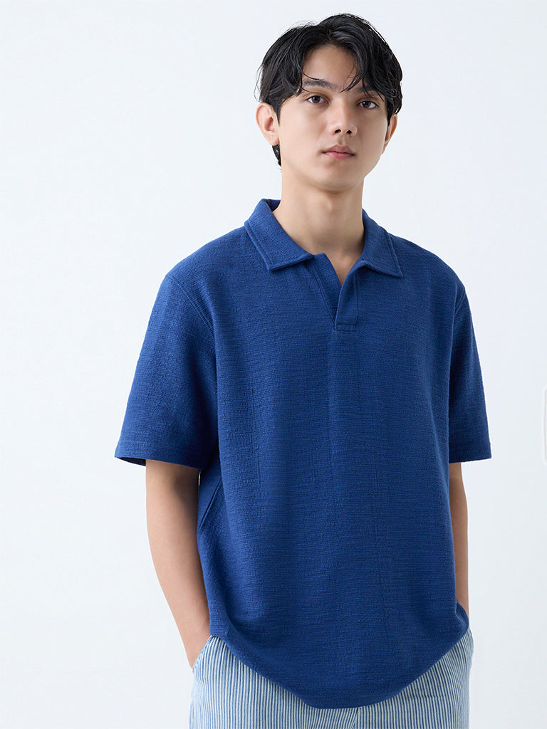 ETA Indigo Self Relaxed-Fit Cotton-Blend Polo T-Shirt - Image 3