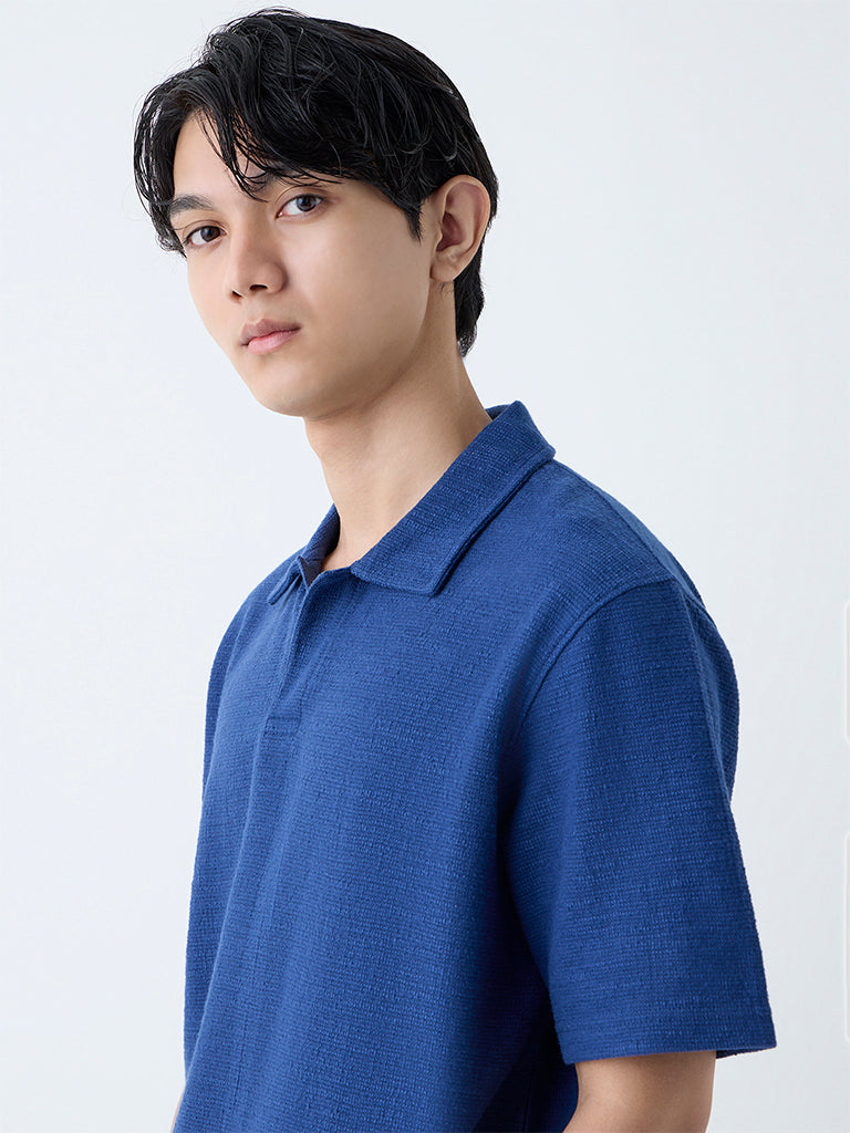 ETA Indigo Self Relaxed-Fit Cotton-Blend Polo T-Shirt - Image 4