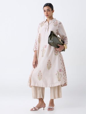 Zuba Beige Botanical Design Cotton A-Line Kurta with Inner