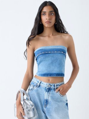 Nuon Blue Stud-Detailed Denim Tube Top