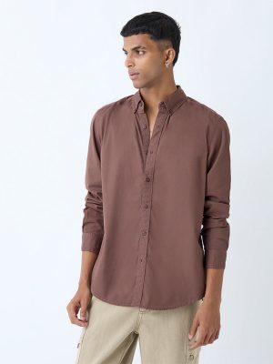 Nuon Brown Solid Relaxed-Fit Cotton Shirt