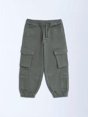 HOP Kids Olive Solid Mid-Rise Cotton-Blend Joggers
