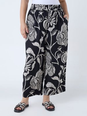 Diza Black Foliage Pattern Ethnic Pants