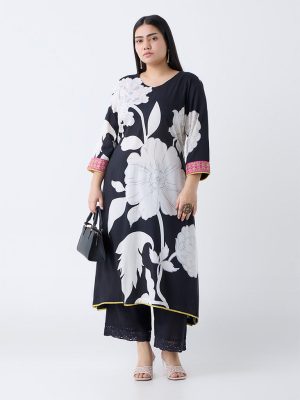 Diza Black Floral Design A-Line Kurta