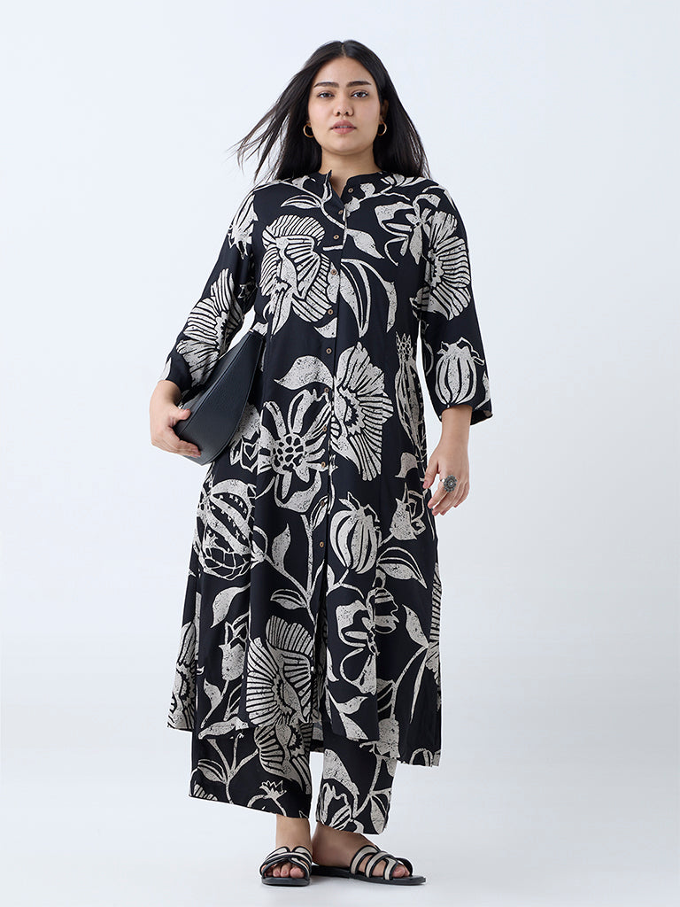 Diza Black Foliage Design A-Line Kurta - Image 2