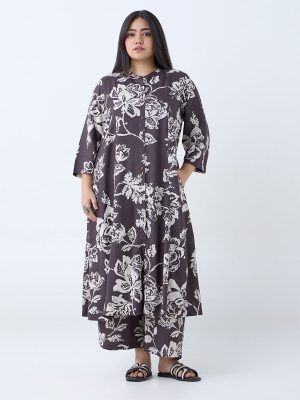 Diza Dark Brown Floral Pattern A-Line Kurta