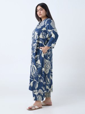 Diza Indigo Botanical Pattern A-Line Kurta