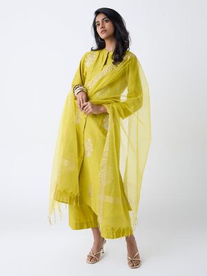 Vark Lime Floral Embroidered A-Line Ethnic Set