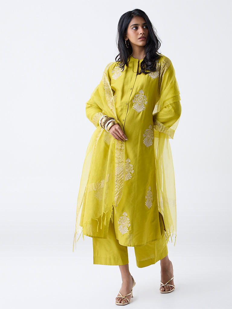 Vark Lime Floral Embroidered A-Line Ethnic Set - Image 2