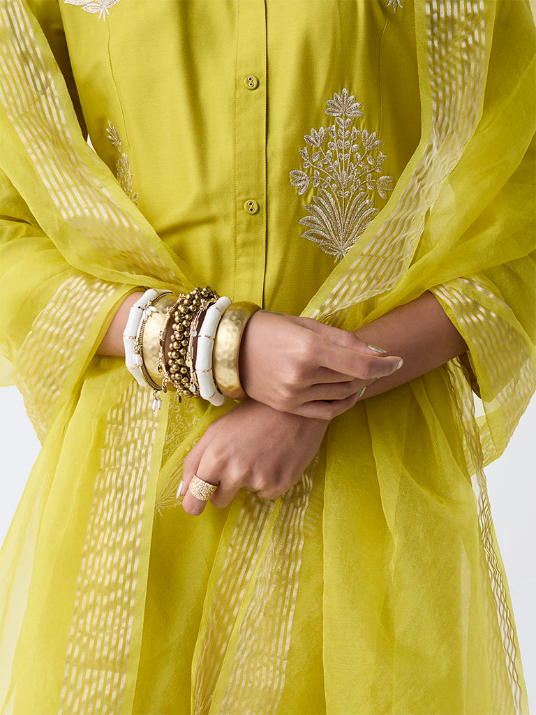 Vark Lime Floral Embroidered A-Line Ethnic Set - Image 3