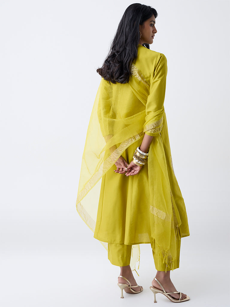 Vark Lime Floral Embroidered A-Line Ethnic Set - Image 4