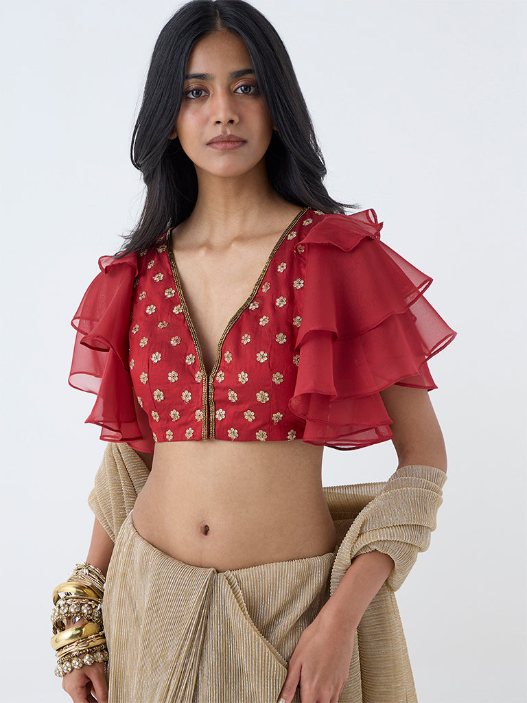 Vark Red Zari Embroidered Blouse - Image 2