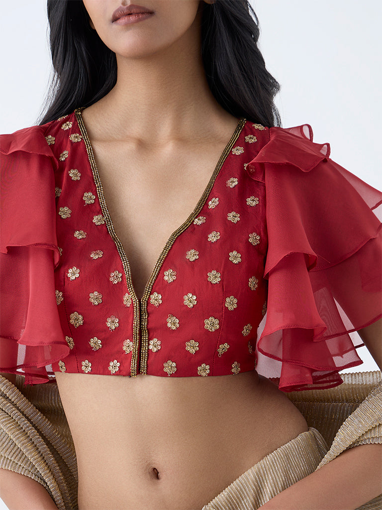 Vark Red Zari Embroidered Blouse - Image 3