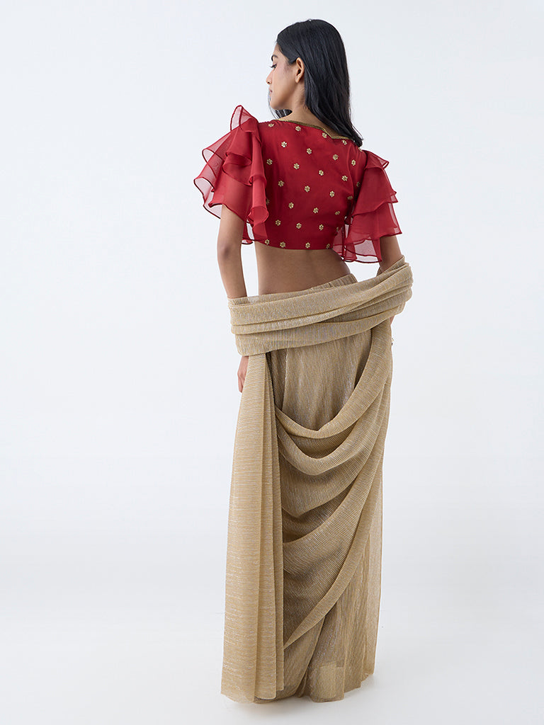 Vark Red Zari Embroidered Blouse - Image 4